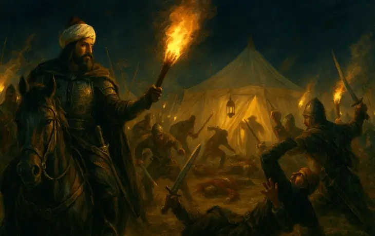 Gece karanlığında Osmanlı kampına yapılan ani baskını gösteren, meşaleler, çadırlar ve çatışan askerlerle dolu dramatik sahne.